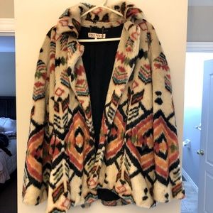 Free People Faux Fur Colorful Tribal Coat